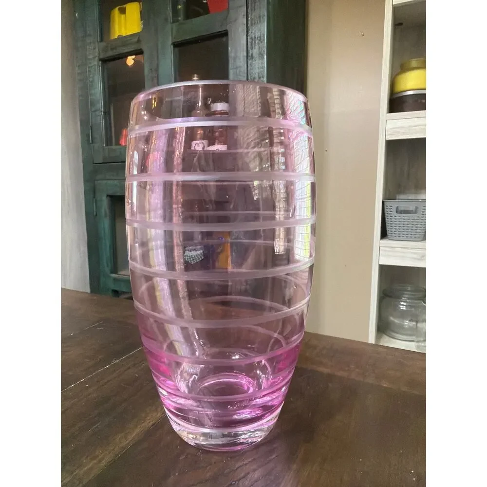 Rose Pink Glass Large Vase Etched Pink Stripes Bands 8